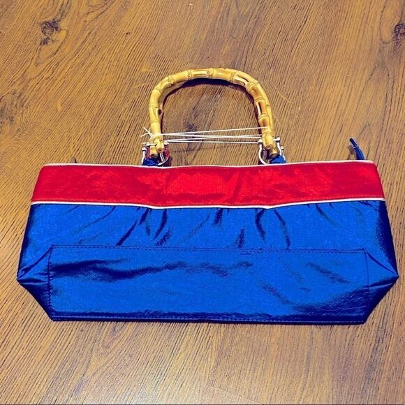 🌹 Fibonacci Sun Embroidery Blue & Red Satin Bag With Bamboo Wooden Handles 🌹 - Picture 2 of 4